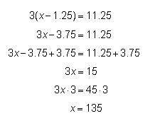 Question 1 (1 point) Tobin is solving the equation 3(x - 1.25) = 11.25. His work is shown below. Wha