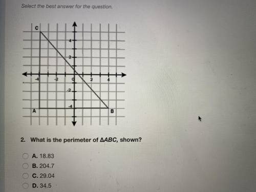 What is the perimeter of ABC, shown?  A. 18.83 B. 204.7  C. 29.04 D. 34.5