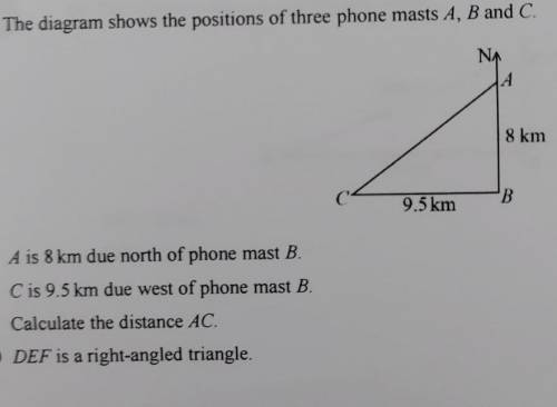 The diagram shows the positions of three phone masts A, B and C.A is 8 km due north of phone mast C