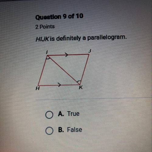 HIJK is definitely a parallelogram. O A. True O B. False