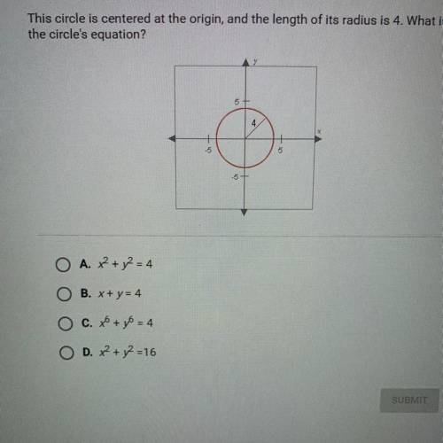 This circle is centered at the origin, and the length of its radius is 4. What is the circle's equat