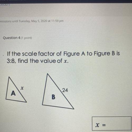If the scale factor of Figure A to Figure B is 3:8, find the value of x.