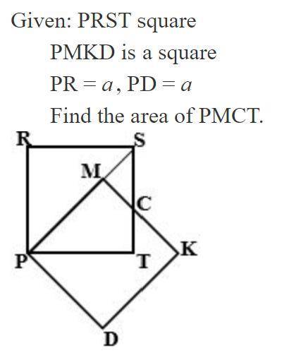 Given: PRST square PMKD is a square PR = a, PD = a Find the area of PMCT. PLEASE HELPP