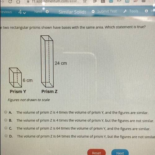 The two rectangular prisms shown have bases with the same area. which statement is true?