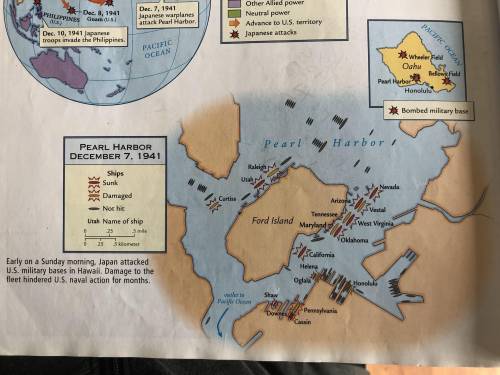 Use the map Pearl Harbor Attacks to answer the question. What are three American ships that were sun