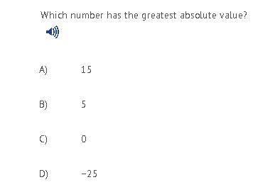 Which number has the greatest absolute value? A) 15  B) 5  C) 0  D) −25