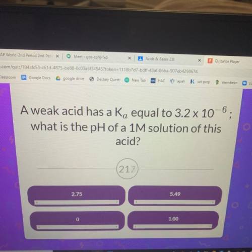 A weak acid has a Ka equal to 3.2 x 10^-6 what is the pH of a 1M solution of this acid?