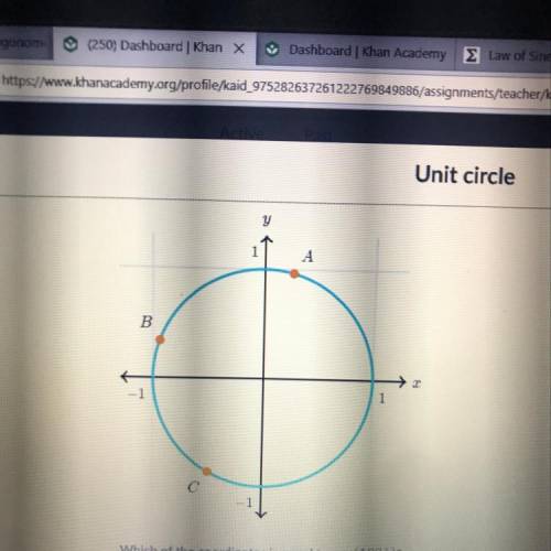 Points A, B, and C are plotted on the unit circle. Which of the coordinates is equal to cos(160)?