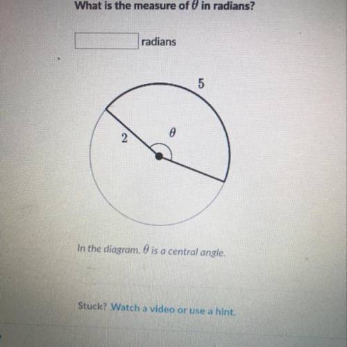 What is the measure of 0 in radians? In the diagram 0 is a central angle.
