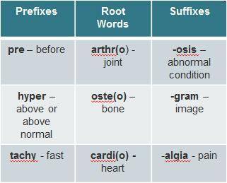Use the information in the chart to answer the question. Common Word Parts in Medical Terminology Ca