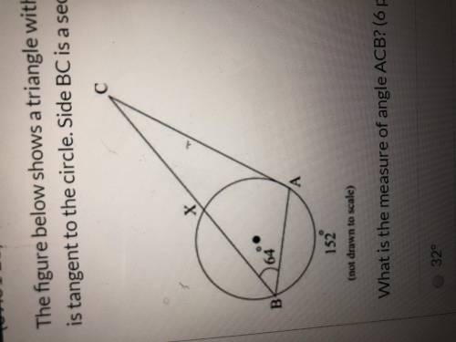 The Figure below shows a triangle with vertices a and B on a circle and vertex C outside it Side AC