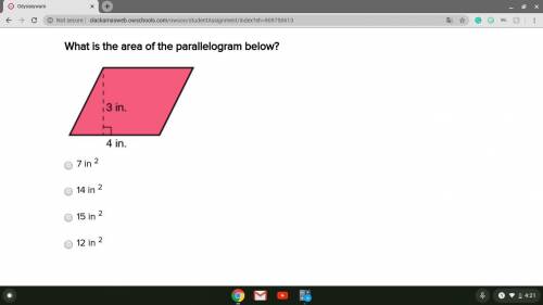 What is the area of the parallelogram below? A. 7 in B. 14 in C. 15 in D. 12 in