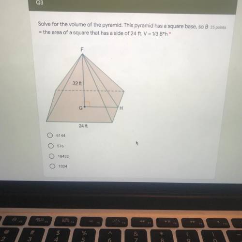 Solve for the volume of the pyramid. This pyramid has a square base, so B = the area of a square tha