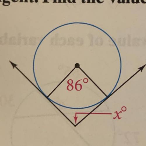 Assume that lines that appear tangent are tangent. Find the value of x.  Answer  A)90 B)92 C)96 D)95