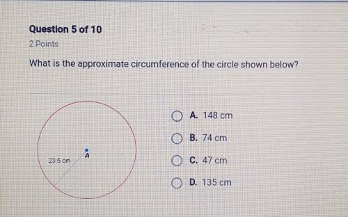 What is the approximate circumference of the circle shown belowneed help fast