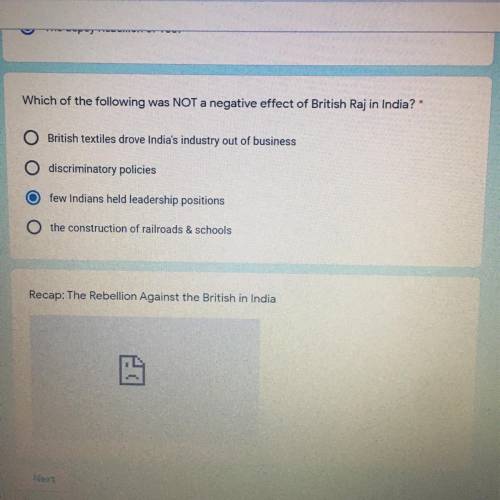 Which of the following was not a negative effect of british raj in india Someone plEEEase help me
