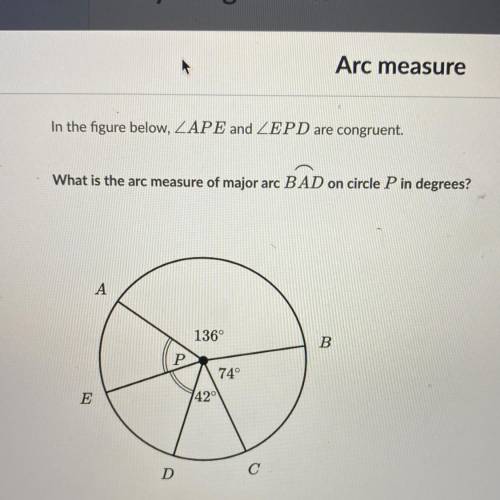 What is the arc measure of major arc BAD on circle P in degrees?