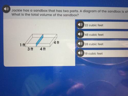 Jackie has a sandbox that has to part a diagram of the sandbox is shown what is the total volume of