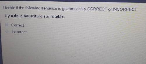 Decide if the following sentence is grammatically CORRECT or INCORRECTIl y a de la nourriture sur l