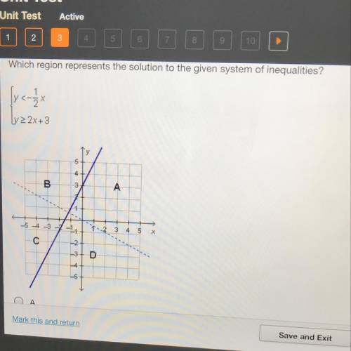 Which region represents the solution to the given system of inequalities? {y <-1/2 x Ly2 2x+3
