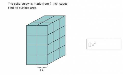 The solid below is made from 1 inch cubes. Find it’s surface area.