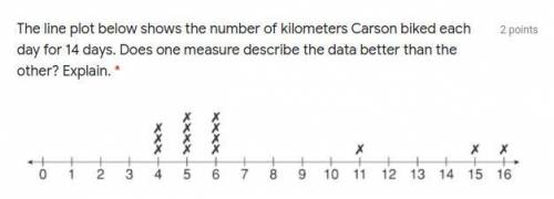 The line plot below shows the number of kilometers Carson biked each day for 14 days. Does one meas