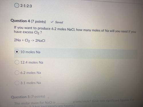 If you want to produce 6.2 moles of NaCI how many moles of Na will you need if you have excess to C