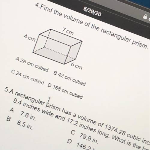 Find the volume of the rectangular prism. A 28 cm cubed B 42 cm cubed C 24 cm cubed D 168 cm cubed.