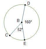 Circle B is shown. Line segments C B, D B, and E B are radii. Angle C B E is 52 degrees and angle E