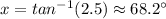x=tan ^{-1}(2.5) \approx68.2^\circ