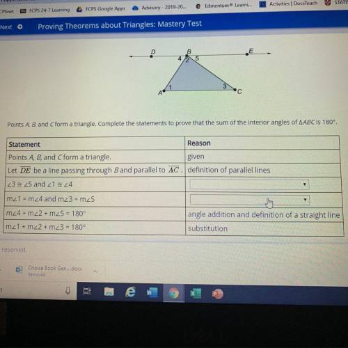 Points A, B, and form a triangle. Complete the statements to prove that the sum of the interior ang