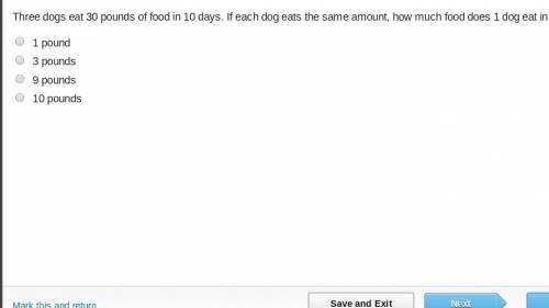Three dogs eat 30 pounds of food in 10 days. If each dog eats the same amount, how much food does 1