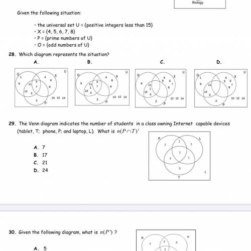 if you’re good with set theory diagrams and word problems please help out with questions 28 and 29!