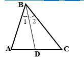 Given: ΔABC

m∠1=m∠2 
D∈ 
AC
, BD = DC 
m∠BDC = 100° 
Find: m∠A, m∠B, m∠C