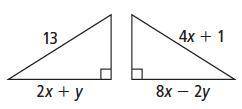 For what values of x and y are the triangles shown congruent by HL?