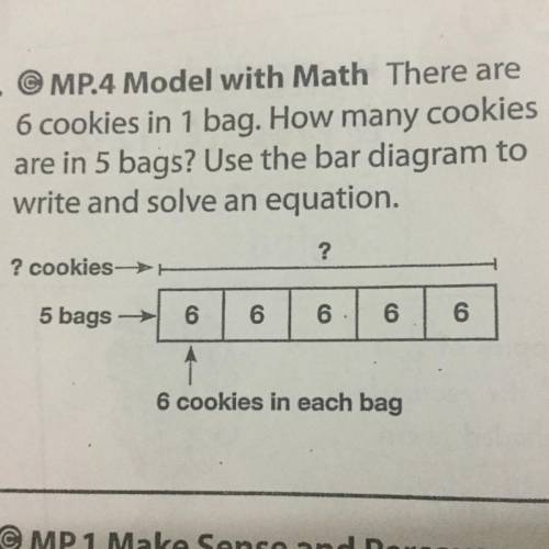 There are 6 cookies in 1 bag. How many cookies are in 5 bags? Use the bar diagram to write and solv