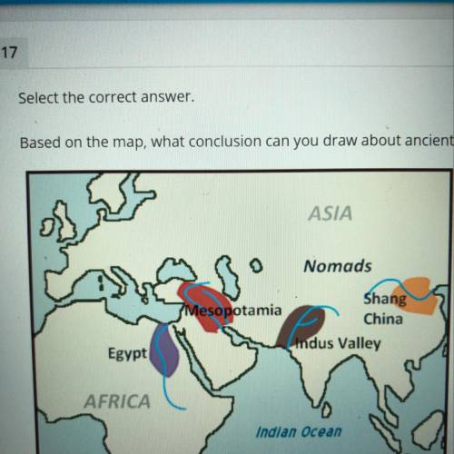 Based on the map, what conclusion can you draw about ancient civilization

A. they were all locate