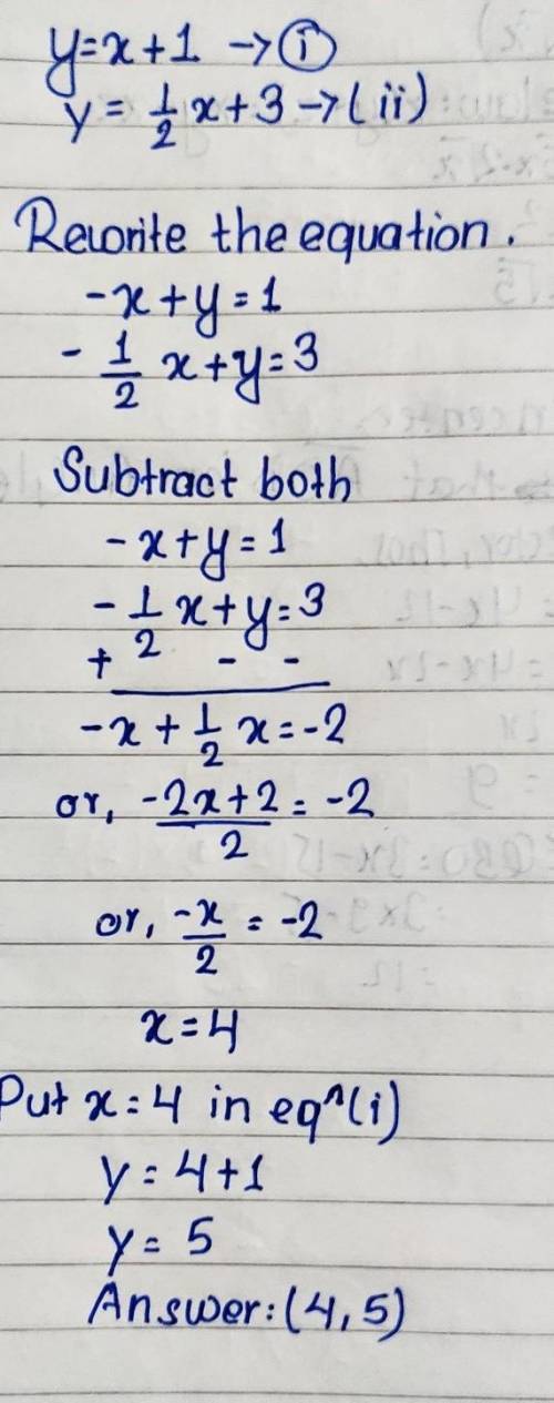 Solve the system of equations below by graphing both equations with a pencil and paper. Y=x+1 y =1/2