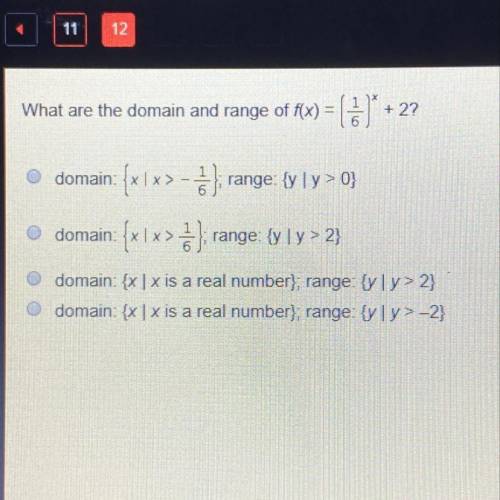 Help

What are the domain and range of f(x) = ( 1 )* + 2?
domain: {x\x>- }; range:{y[y>0}
do