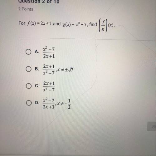 F(x) = 2x + 1 and g(x) = x^2 - 7, find (f/g) (x)