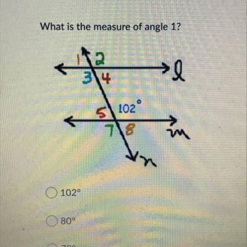 What is the measure of angle 1?

A: 102 degrees
B: 80 degrees
C: 78 degrees
D: 88 degrees
