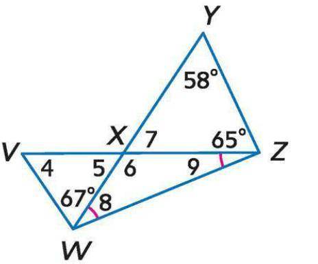 Angle YXZ is ---- degrees. Angle VXW is ---- degrees. Angle WXZ is ---- degrees. Angle XVW is ----