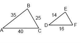 ΔABC ∼ ΔDEF. What's the scale factor from ΔABC to ΔDEF? answers: A) 4∕3 B) 2∕5 C) 3∕4 D) 5∕2