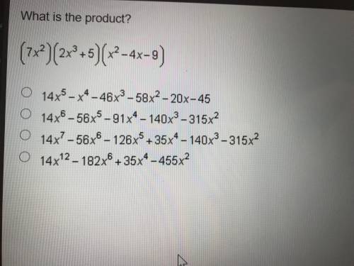What is the product ? (7x^2 )(2x^3 +5)(x^2-4x-9)