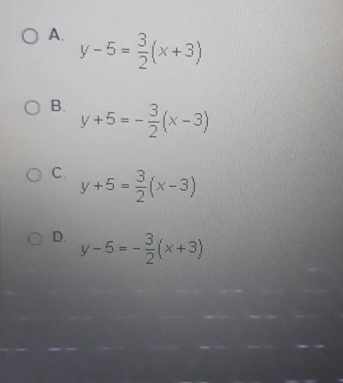 What is the point-slope equation of the line with slope

3/2that goes through thepoint (-3,5)?