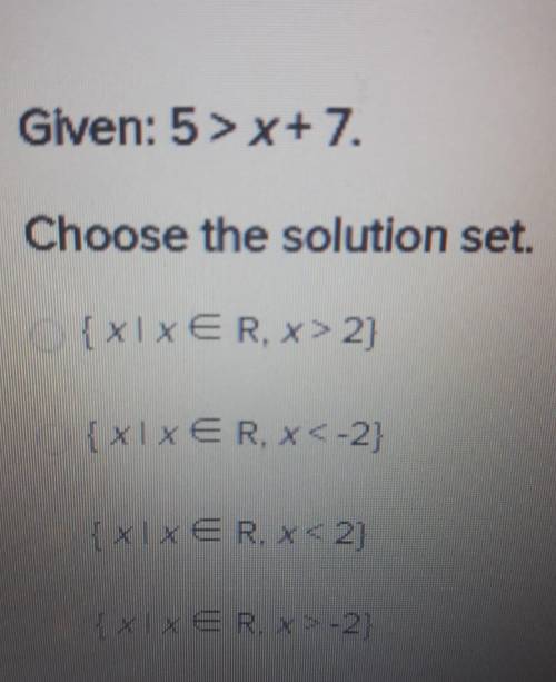 Given: 5 > x + 7.Choose the graph of the solution set.