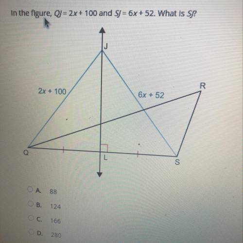 In the figure, qj= 2x+100 and sj=6x+52 what is sj ?