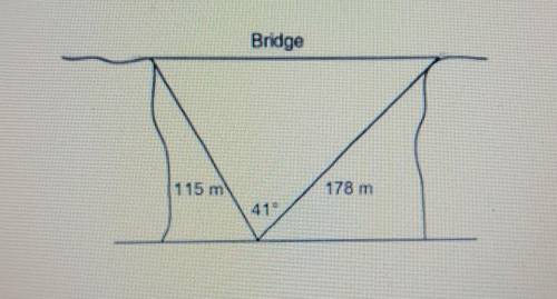 A surveyor in a canyon takes measurements and draws the diagram shown.

Determine the length of a