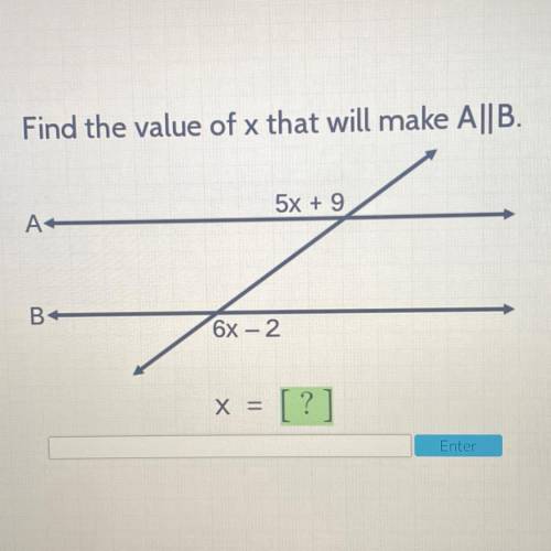 Find the value of x that will make A||B.
5x + 9
A
B
6x-2
X =
[?]
Enter