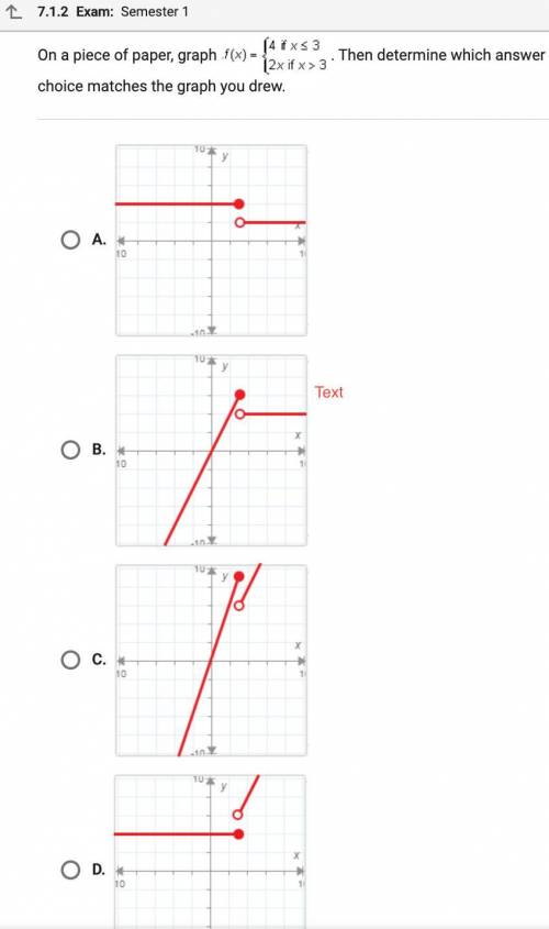 PLEASE HELP On a piece of paper, graph f(x)={4 if x 3, 2x if x>3.

Then determine which a